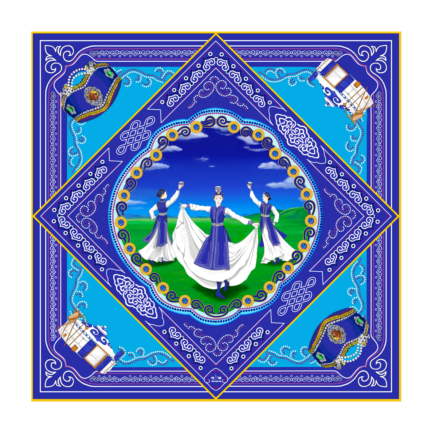 Mongolian Bowls Silk Scarf (36" x 36") Image 1 | Shen Yun Shop