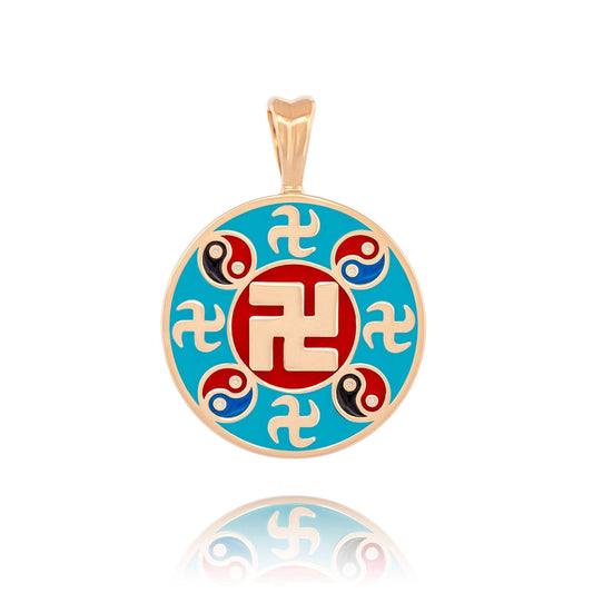 Falun Enamel Teal Pendant 18kt Yellow Gold Front View | Shen Yun Collections