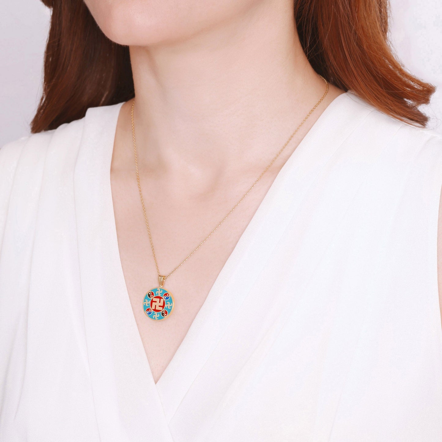 Falun Enamel Teal Pendant 18kt Yellow Gold | Shen Yun Collections