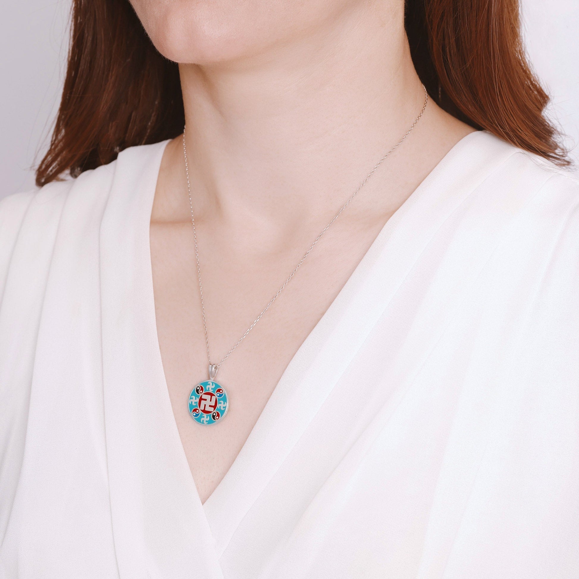 Falun Enamel Teal Pendant Silver Model Image | Shen Yun Collections