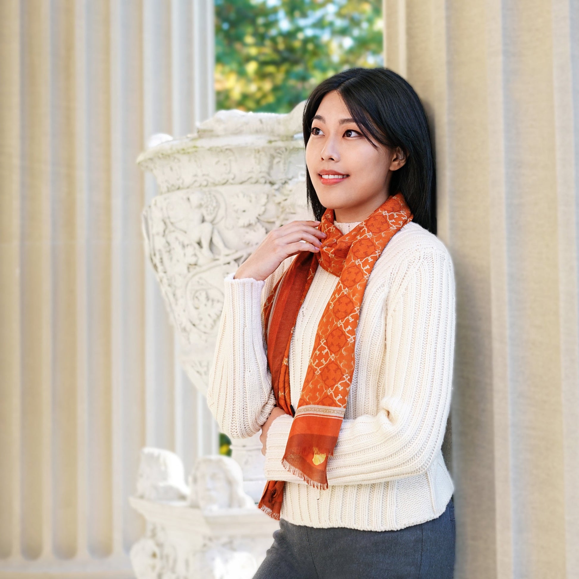 Manchurian Elegance Long Scarf Bronze Lifestyle Model  | Shen Yun Shop